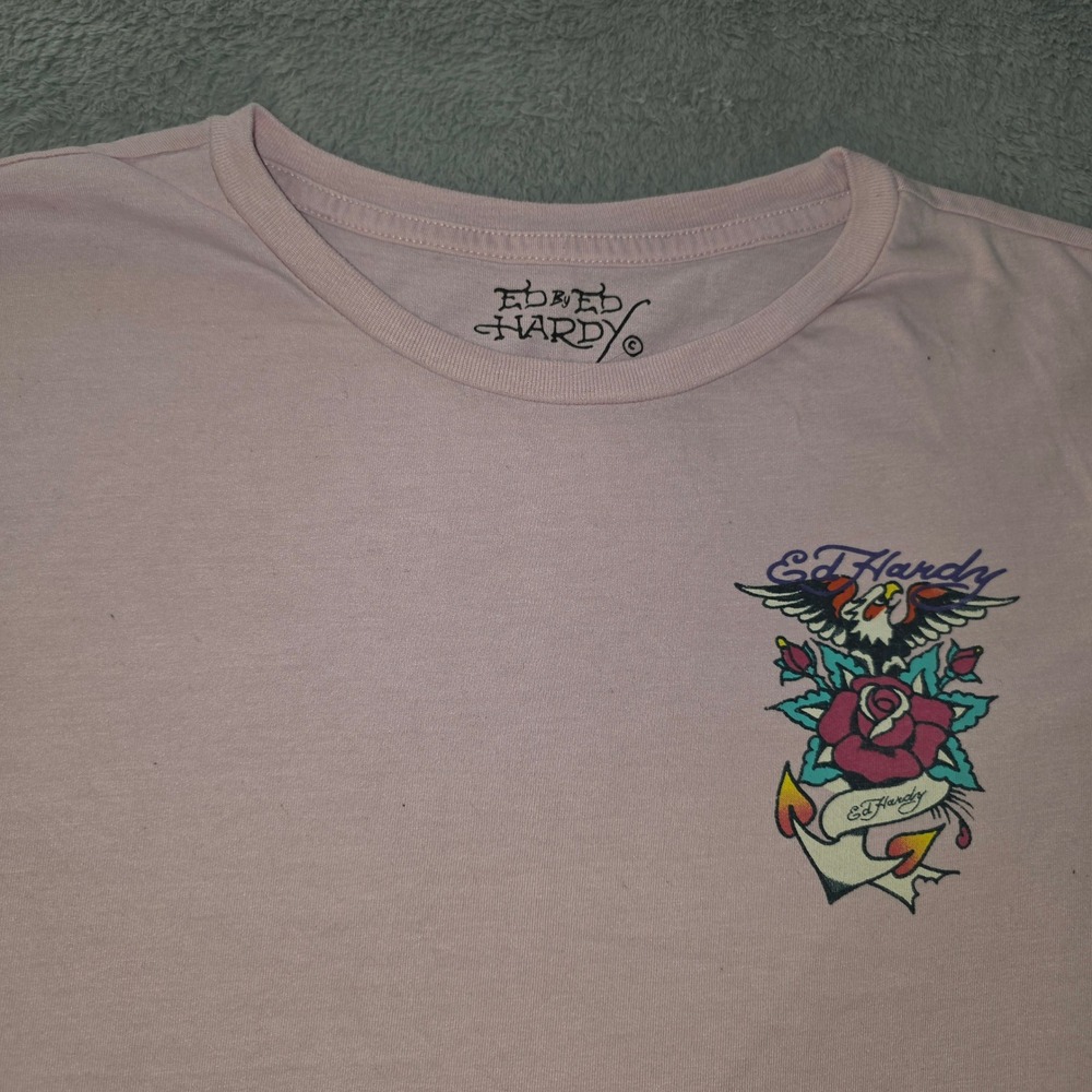 Ed Hardy Pink Crop Top Tattoo Graphic Eagle Rose Tee XL